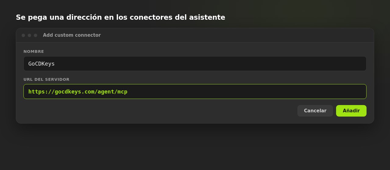 Diálogo «Add custom connector» de un asistente de IA, con GoCDKeys en el campo del nombre y la dirección del servidor rellenada