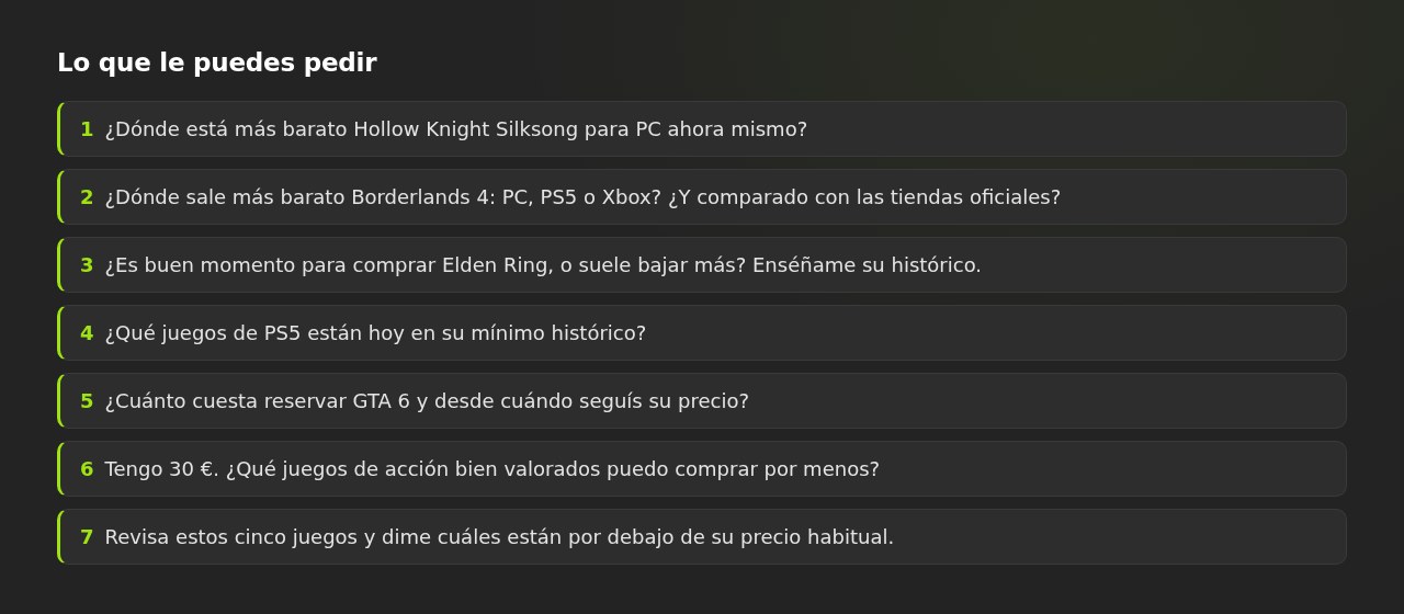 Siete preguntas de ejemplo, numeradas, para pedirle precios de videojuegos al asistente