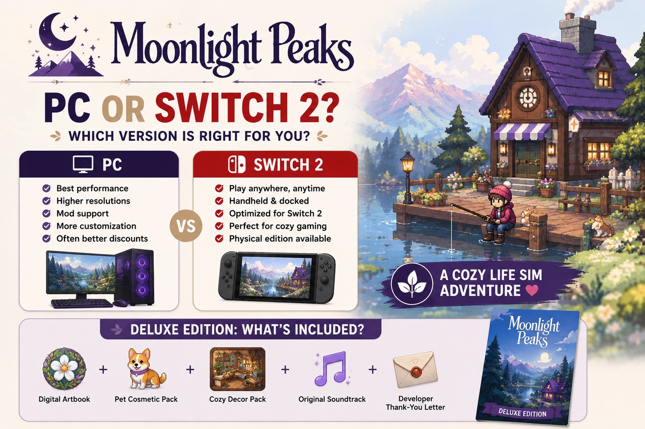 Moonlight Peaks: qué versión comprar entre PC y Switch 2, y qué añade la Deluxe