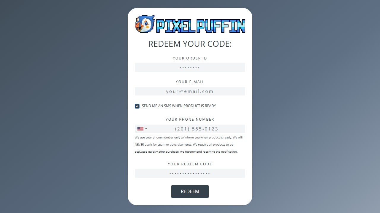 Formulario de canjeo de Pixelpuffin con número de pedido, email y código