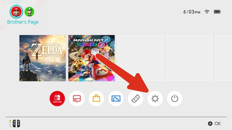Menú principal de Nintendo Switch con el icono de configuración señalado