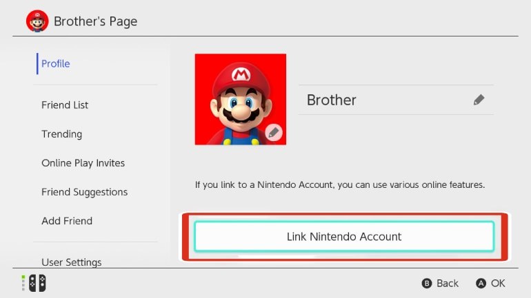 Pantalla de perfil de Switch con el botón de vincular cuenta Nintendo destacado