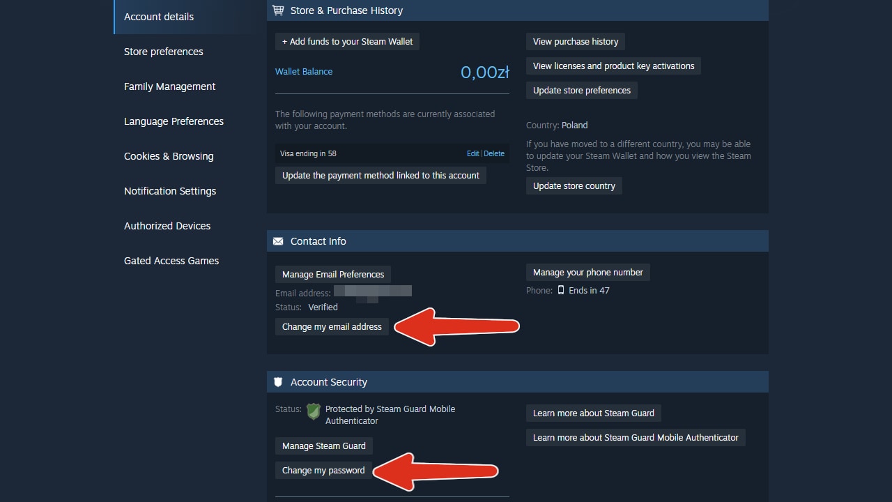 Ajustes de la cuenta de Steam con cambio de email y contraseña señalados