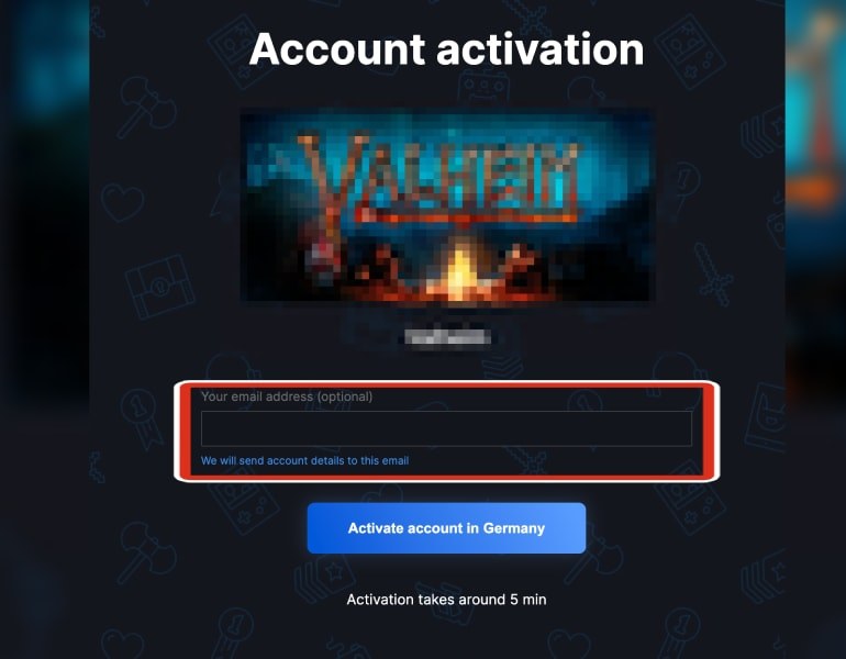 Página de activación de cuenta de Steam con campo de email opcional