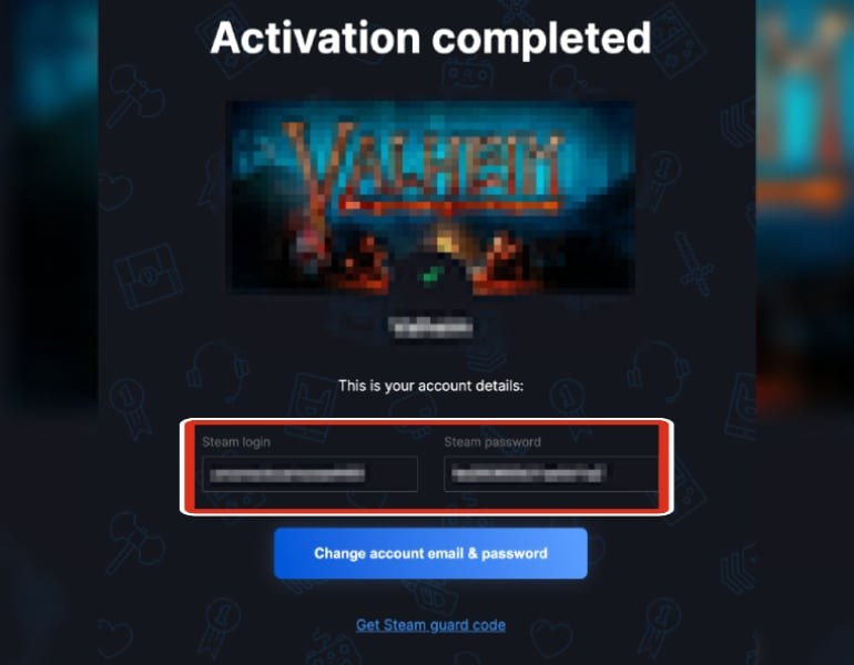 Pantalla de activación completada con usuario y contraseña de Steam